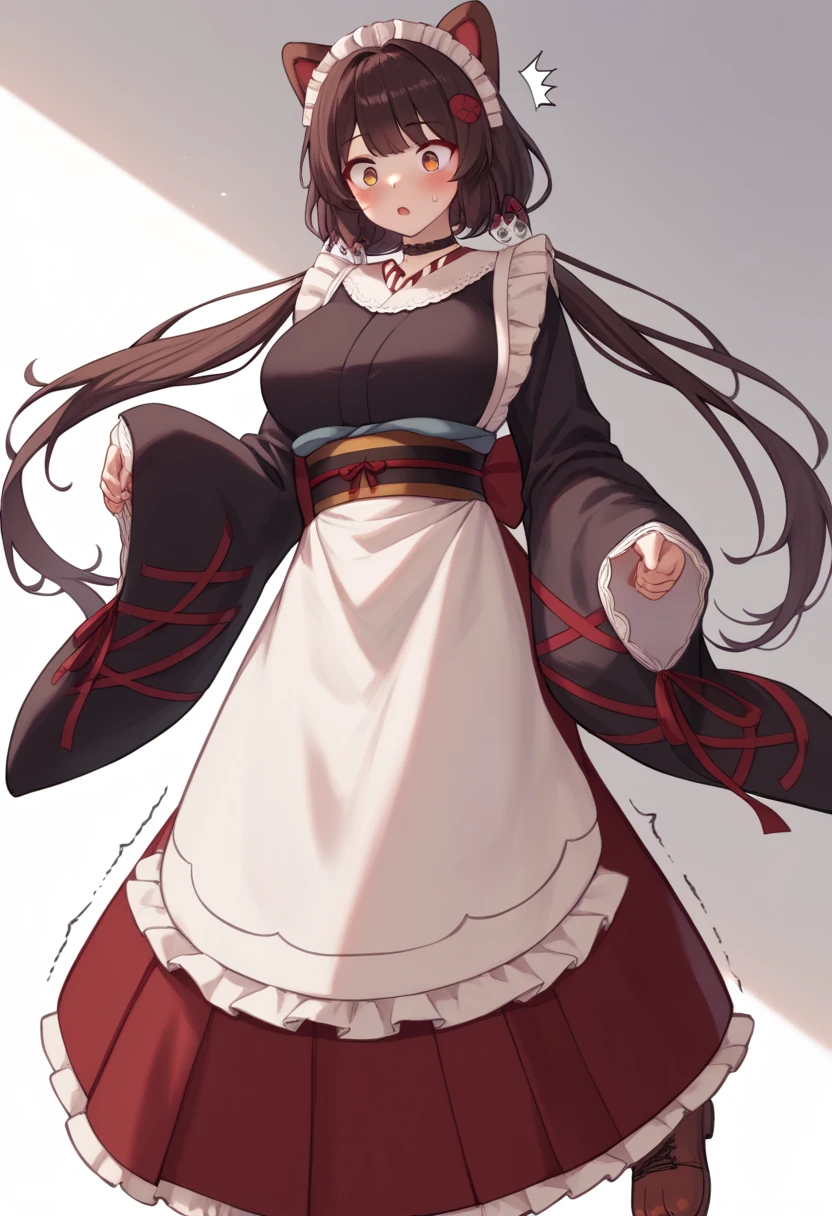 it1, flower, twintails, low twintails, very long hair, dog girl
choker, maid headdress, black kimono, wide sleeves, frills, obi, white apron, sleeves past wrists, skirt, red skirt, brown footwear, cross-laced footwear、Large Breasts、T-Shirts(tight)Maxi Dresses、blush、surprised、trembling、Huge penis