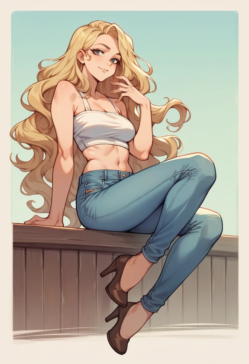 beautiful blonde woman, with brown locks of very long and wavy hair , au yeux vertd'origine espagnol , avec un joli visage doux , habiller d'un jeans et crop top, big tits with heels