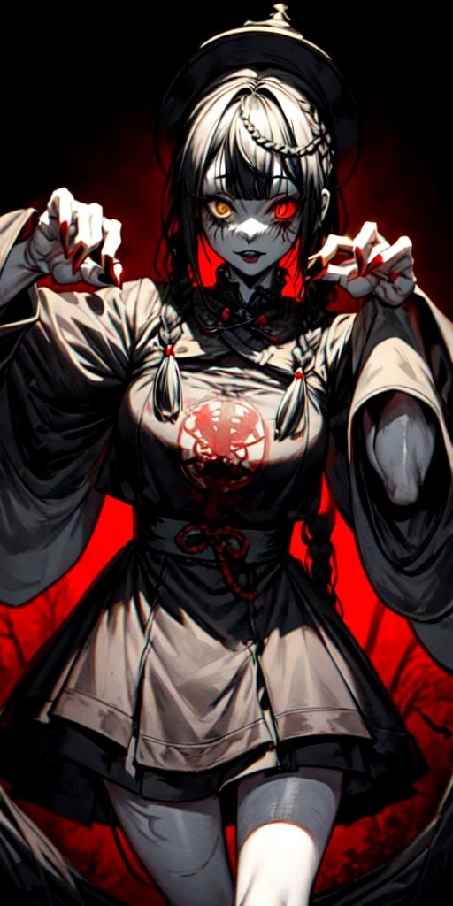 lora:flat:-1.2, masterpiece, best quality, 4k, 8k, 1 woman, solo, tall stature, long hair, blunt bangs, side braid, black hair, ugly face, bad face, bad eyes, droopy eyes, unclear eyes, ruby red eyes, lemon yellow eyes, pale skin, black eyeliner, black eye shadow, heterochromia, slender frame, sad, ofuda, jiangshi costume:1.2, fang, horror, coffin, forest, dark night, stormy weather, fog, from front, cowboy shot, look at viewer, paw pose,