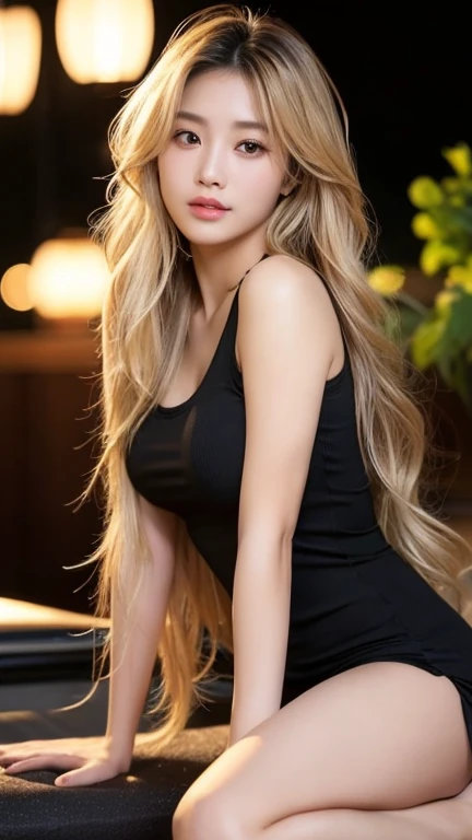 Highest quality、Japanese women、The most beautiful woman in the world、sexy、Blonde long hair hairstyle、Small face、Beautiful skin、night、Large breasts、Realistic、sexyなポーズ、sexyな表情、Black tank top