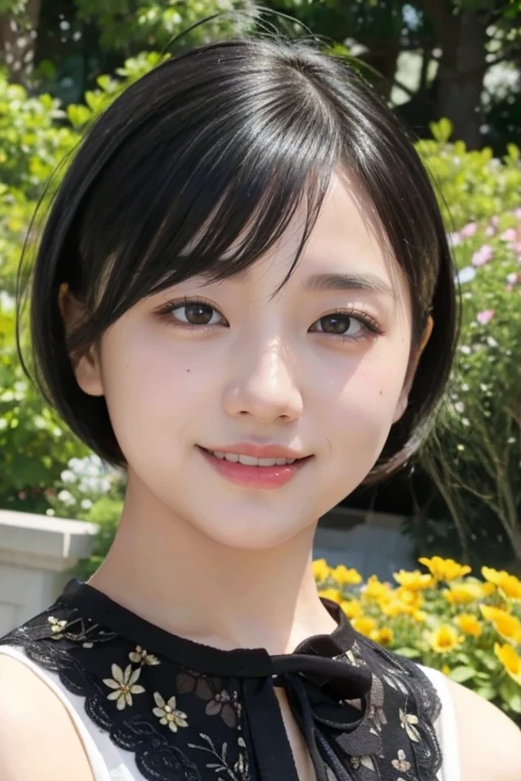 8k, RAW photo, best quality, masterpiece, realistic, photo-realistic, clear, professional lighting, beautiful face, no makeup, best quality, ultra high res, BREAK, Japanese cute girl, 14 years old, (short cut hair:1.2), smile, BREAK, standing, BREAK, (flower garden:1.3), (black eyes, black hair:1.2)