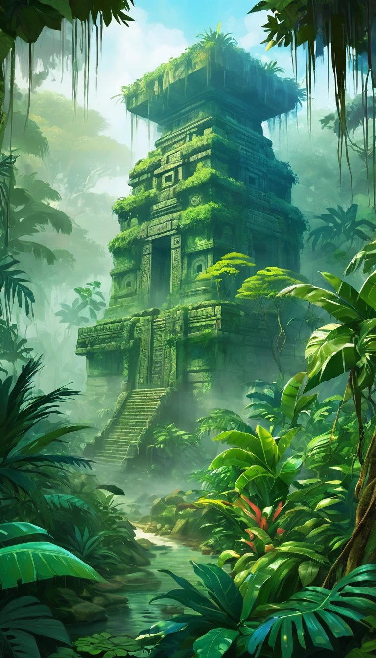 card "Mayan jungle", Dense jungle, surrounding Lost City. Here you will meet exotic flora and fauna, as well as dangerous enemies.
Peculiarities: nature research, Battles with enemies, artifact search. digital painting, location, location из игры, большая location, fog in the foreground, cute style, anime style, огромная игровая location, shimmering treasures, attention-grabbing