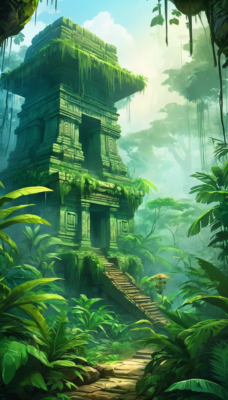 card "Mayan jungle", Dense jungle, surrounding Lost City. Here you will meet exotic flora and fauna, as well as dangerous enemies.
Peculiarities: nature research, Battles with enemies, artifact search. digital painting, location, location из игры, большая location, fog in the foreground, cute style, anime style, огромная игровая location, shimmering treasures, attention-grabbing
