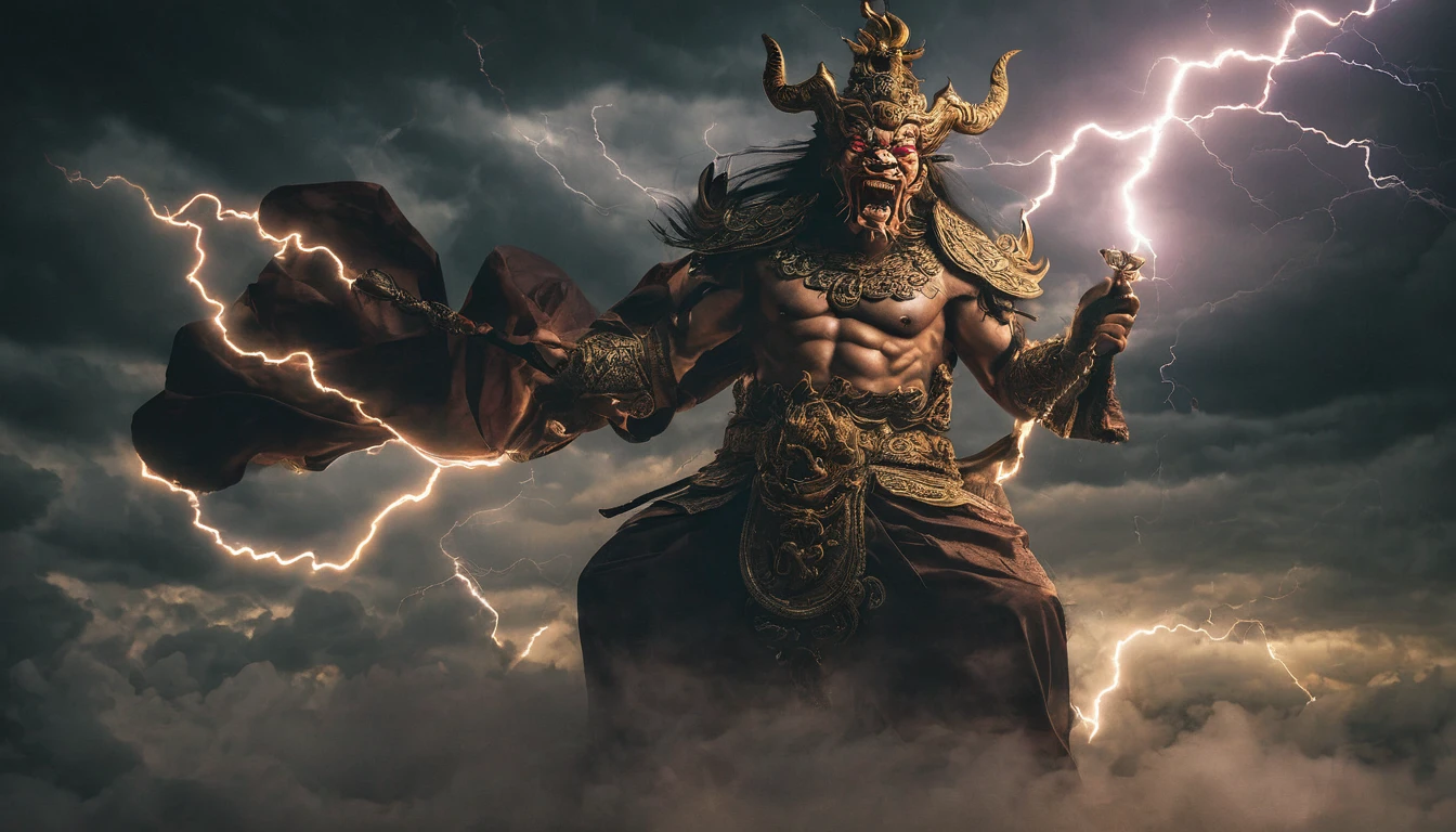full body a grotesque and terrifying chinese mythology deity, stormy clouds with lightning and thunder in the background, detailed face and body, cinematic lighting,dark fantasy,chiaroscuro,moody colors,high contrast,dramatic shadows