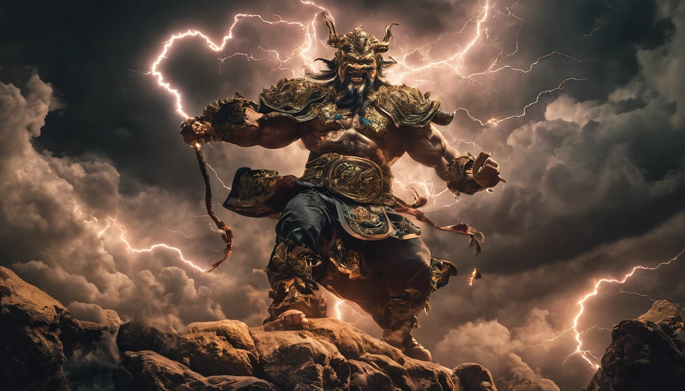 full body a grotesque and terrifying chinese mythology deity, stormy clouds with lightning and thunder in the background, detailed face and body, cinematic lighting,dark fantasy,chiaroscuro,moody colors,high contrast,dramatic shadows