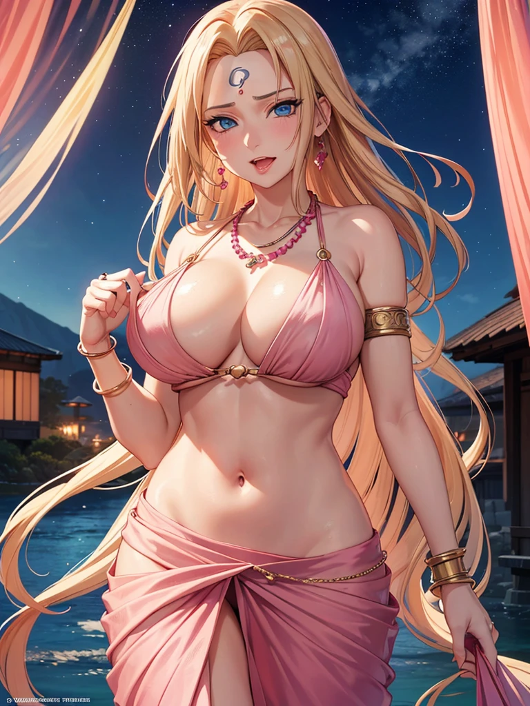 (absurderes, A high resolution, Ultra detailed, hdr), Masterpiece, Best quality, Indian  ,nami, extreme realistic very beautiful, animated style, full body shot, anime in a(((pink))) indian dress transparent (((saree))), head jewellery, necklace, earings, armlets, bangles and bracelets, rings, pleasant expression, natural beauty,night sky, vintage aesthetic,big breast,navel, cleavage ,standing ,open mouth,saliva,tongue out,face on front,drools,red lip,huge breast
