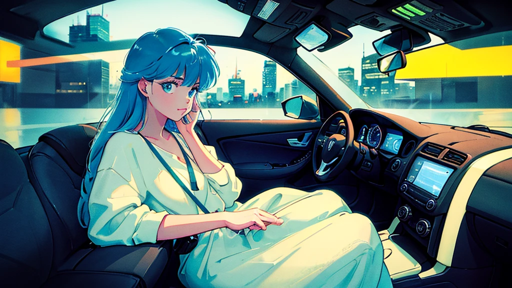 Create an image from the angle inside a car, showing a woman with a thoughtful expression on her face as she gazes out of the side window at the cityscape. The city outside should be visible, illuminated by streetlights and neon signs. Use soft, pastel colors and subtle gradients to capture a dreamy, reflective atmosphere. Ensure the interior of the car feels cozy and comfortable, adding to the overall serene vibe.
