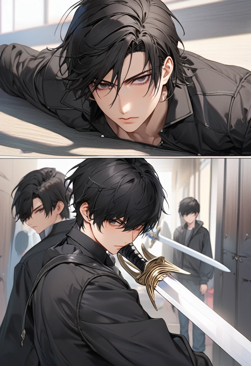A highschool boy, handsome, perfect body, black hair, short hair, mullet, black eyes, upturned eyes, expressionless, black jacket, anime, first-person view, masterpiece, anatomically correct, high details, highres, best quality, super detail, sword master