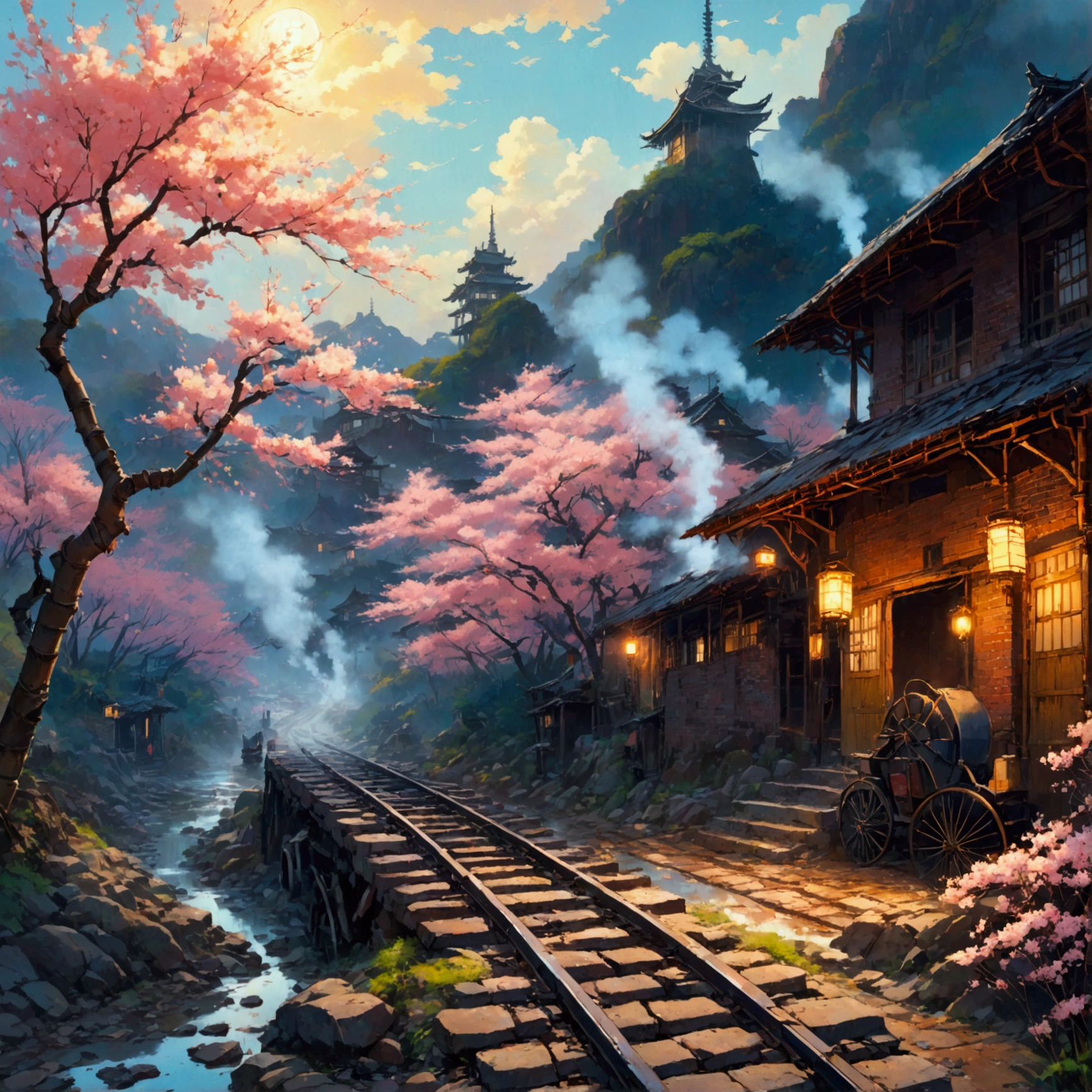 dim、Brick walkway, Smoke rising from the chimney, A roaring steam locomotive, Rusty railroad tracks, Dilapidated wooden house, Tile roof, Broken rickshaw, Dusty carriage, Swaying lantern, dimちょうちん, Cherry blossom branch, Ghost of the samurai, Samurai Sword, Old kimono, Western-style clothing, Crumbling Church, Dilapidated Brick Road, Cobblestone Street, Withered well, Broken waterwheel, Muddy River, Crumbling Bridge, Rusty rickshaw, bamboo forest, Rugged Mountain, Cloudy, Twilight