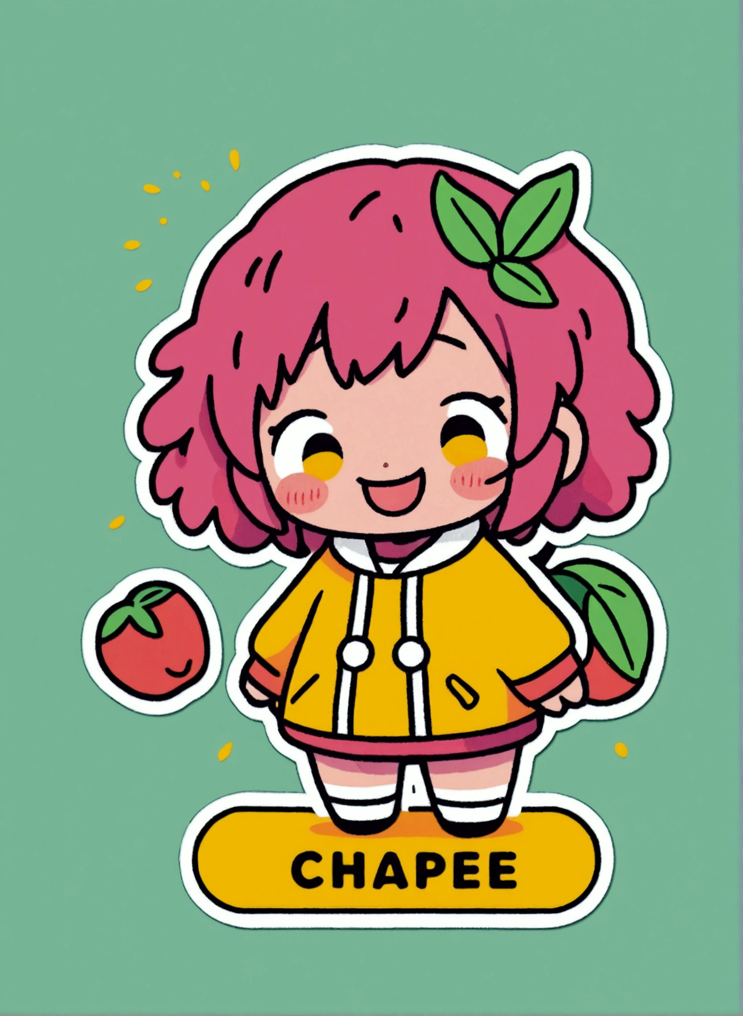 Stickers with black background,Yellow peach,Yellow peaches,fruit,cute,Business Illustration, Use bold outline style,,头发cuteip形象,Smiling emoticon,light shade of colors