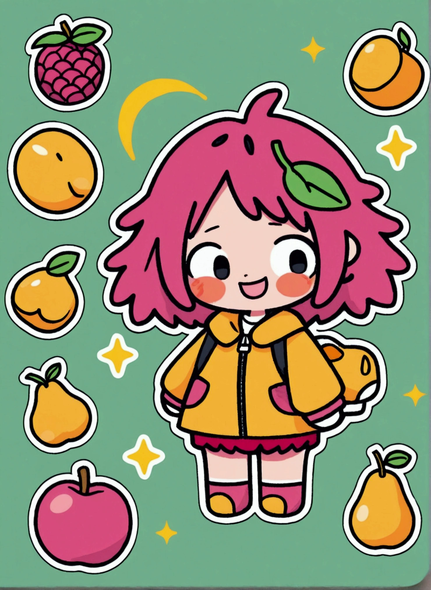 Stickers with black background,Yellow peach,Yellow peaches,fruit,cute,Business Illustration, Use bold outline style,,头发cuteip形象,Smiling emoticon,light shade of colors