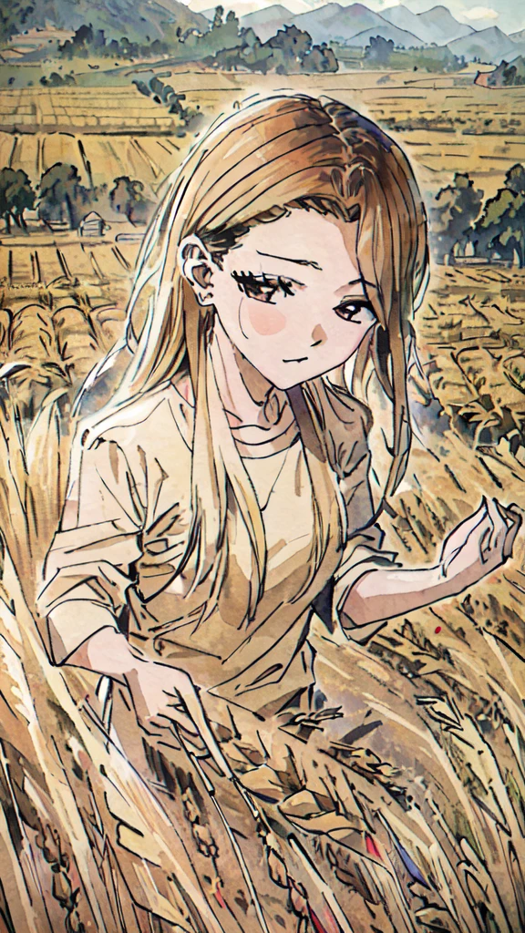 Masterpiece, best quality, (very detailed CG unified 8k wallpaper) (best quality), (best illustration), (best shade) nature harvest wheat, super meticulous , people working in the fields --v6