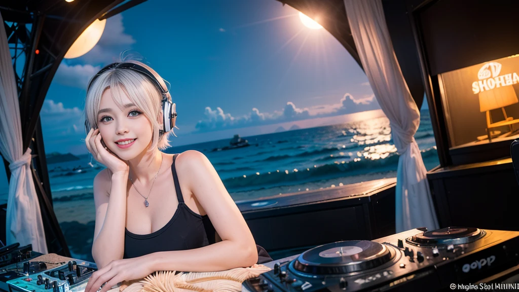 (ultra - detailed, 16K resolution, Cinema lenses, rendering by octane), (high resolution:1.18), intricate detail, (masterpiece:1.1), (highest quality:1.1), (1girl, portrait, white hair, blue eyes, short hair, detailed eyes),Wearing silver DJ headphones, sequined T-shirt, (in the beach:1.5), (Iconic hip-hop pop costumes:1.3), Smile while DJing on stage, DJ studio next to the beach, ((A stylish DJ stage on a hill overlooking the beach)), full body shot, Photorealistic photography by Sunshine, (cute round face:1.3), perfect fingers, five fingers, beautiful hands, perfect hands. master peace, cute smile.