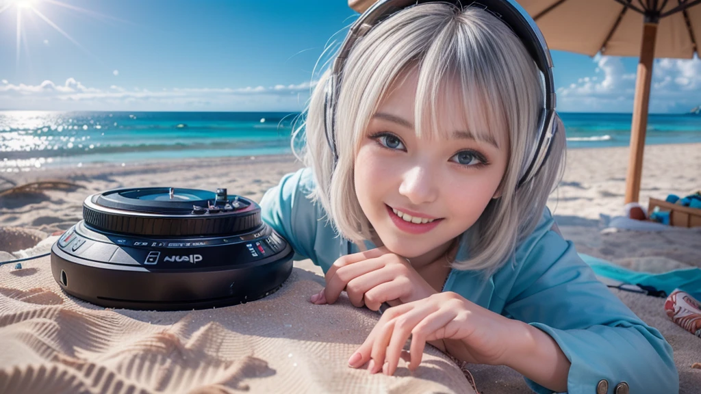 (ultra - detailed, 16K resolution, Cinema lenses, rendering by octane), (high resolution:1.18), intricate detail, (masterpiece:1.1), (highest quality:1.1), (1girl, portrait, white hair, blue eyes, short hair, detailed eyes),Wearing silver DJ headphones, sequined T-shirt, (in the beach:1.5), (Iconic hip-hop pop costumes:1.3), Smile while DJing on stage, DJ studio next to the beach, ((A stylish DJ stage on a hill overlooking the beach)), full body shot, Photorealistic photography by Sunshine, (cute round face:1.3), perfect fingers, five fingers, beautiful hands, perfect hands. master peace, cute smile.