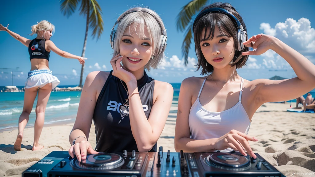 (ultra - detailed, 16K resolution, Cinema lenses, rendering by octane), (high resolution:1.18), intricate detail, (masterpiece:1.1), (highest quality:1.1), (1girl, portrait, white hair, blue eyes, short hair, detailed eyes),Wearing silver DJ headphones, sequined T-shirt, (in the beach:1.5), (Iconic hip-hop pop costumes:1.3), Smile while DJing on stage, DJ studio next to the beach, ((A stylish DJ stage on a hill overlooking the beach)), full body shot, Photorealistic photography by Sunshine, (cute round face:1.3), perfect fingers, five fingers, beautiful hands, perfect hands. master peace, cute smile.
