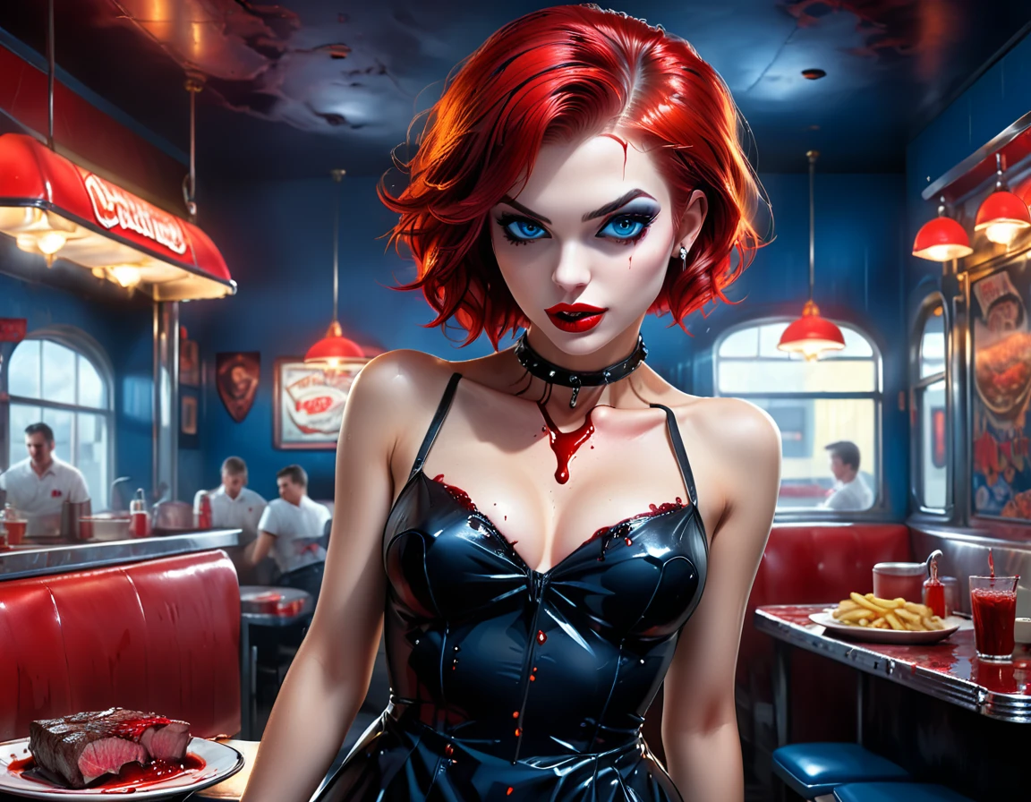 a 3D digital painting picture of extremely beautiful  female:1.3) serving a big juicy steak on a tray, dripping blood  in a goth American diner, an exquisite beautiful female (vampire:1.3), (full body: 1.1) ultra feminine ultra detailed face, red hair, short hair, red lips, blue eyes, wearing sexy white seductive latex dress, serving a goth diner American  kitchen background, full body dynamic angle, , award winning, best quality, high quality, high details, highres, vibrant, Ultra-high resolution, High Contrast, (masterpiece:1.5), highest quality, Best aesthetics, best details, best quality, highres, ultra wide angle, 16k, [ultra detailed], masterpiece, best quality,  photorealistic, 3D rendering, furry