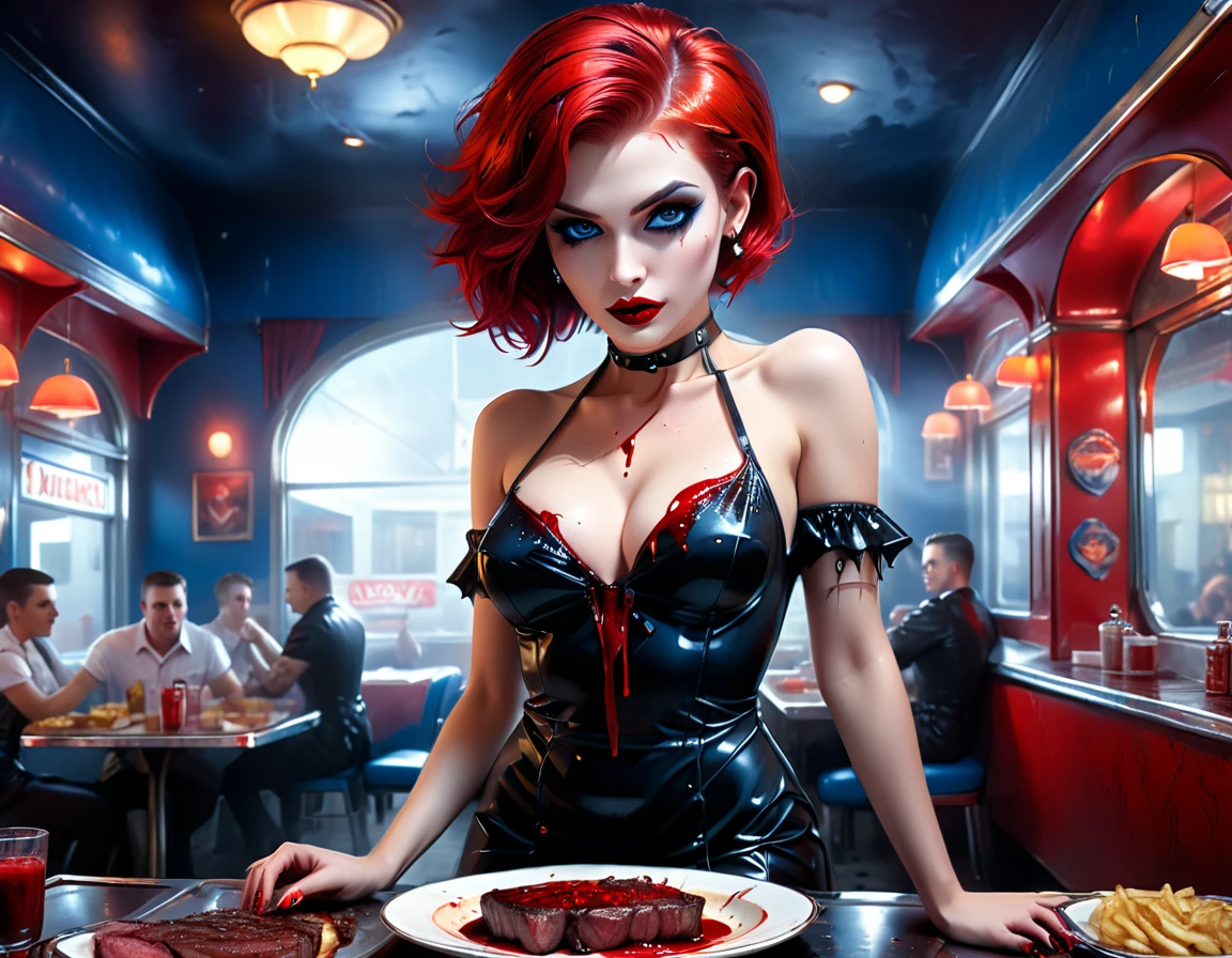 a 3D digital painting picture of extremely beautiful  female:1.3) serving a big juicy steak on a tray, dripping blood  in a goth American diner, an exquisite beautiful female (vampire:1.3), (full body: 1.1) ultra feminine ultra detailed face, red hair, short hair, red lips, blue eyes, wearing sexy white seductive latex dress, serving a goth diner American  kitchen background, full body dynamic angle, , award winning, best quality, high quality, high details, highres, vibrant, Ultra-high resolution, High Contrast, (masterpiece:1.5), highest quality, Best aesthetics, best details, best quality, highres, ultra wide angle, 16k, [ultra detailed], masterpiece, best quality,  photorealistic, 3D rendering, furry