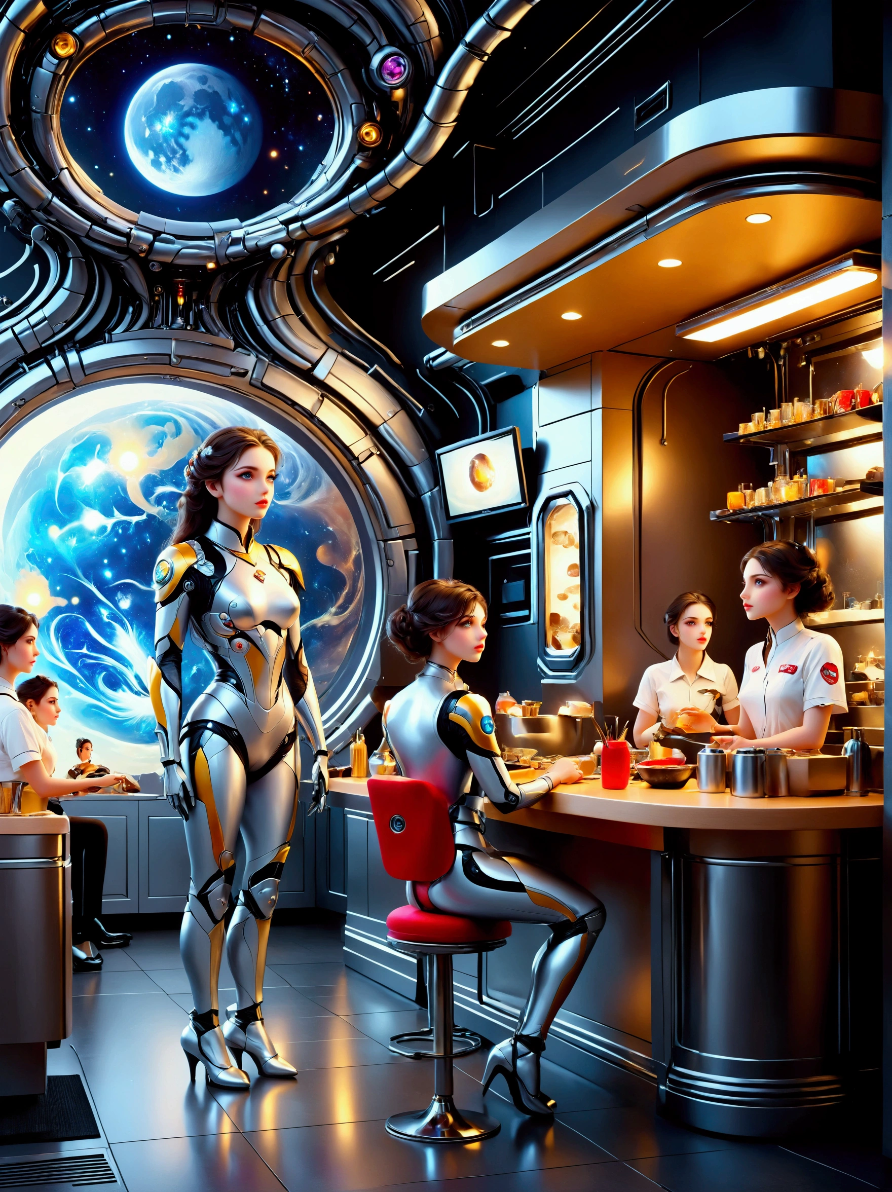 Best quality，8K，high resolution，masterpiece，Ultra Detailed，lifelike，Photorealism，future world，(Fast food restaurant cyborg female employee on the moon:1.5)，(apron)，(Fast food restaurant staff uniforms)，Transparent Mecha，Cyberpunk cyborg woman，doll，Beautiful meticulous eyes，Beautiful delicate lips，Extremely detailed eyes and face，Long eyelashes，Physically Based Rendering，Extremely detailed description，Ultra-detailed paintings，Futuristic interior decoration，Neon，Sharp focus，Vibrant colors，Science Fiction，Concept Art，High-tech atmosphere，Studio Lighting，HDR，Ultra HD，Bokeh