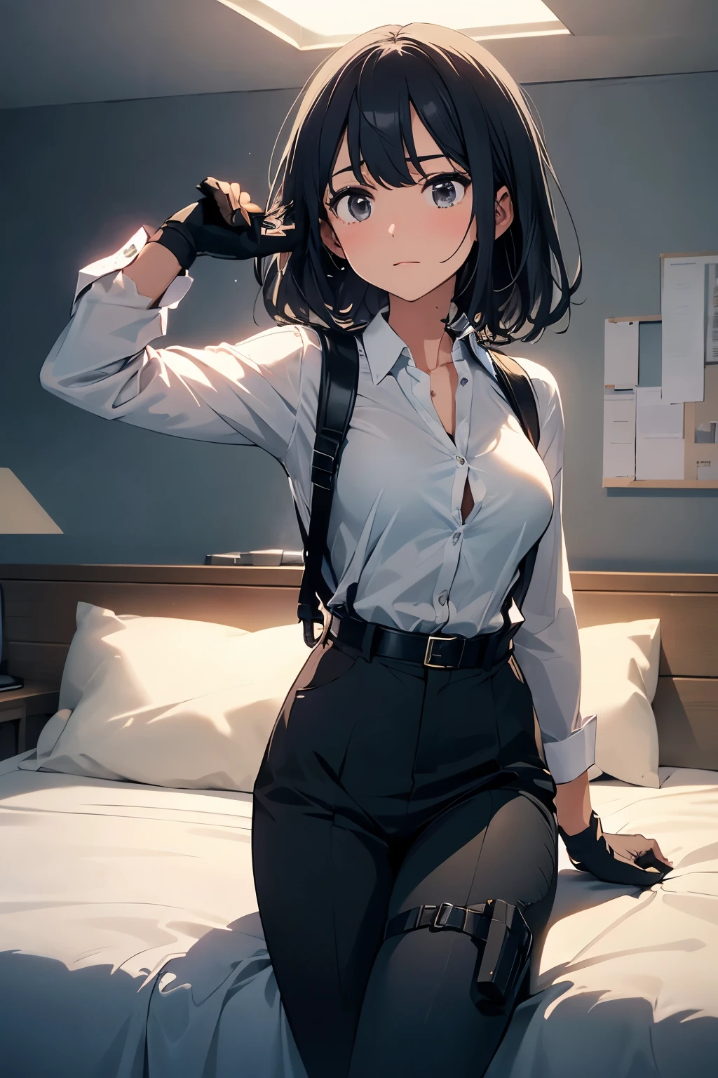 1 female, , high quality, masterpiece, Ultra-high resolution, , Cinema Lighting, , , And the suspenders with the cranes flying Moderate breasts Small face holster Lying in bed Looking up Sweat belt summer 脇Sweat Black Hole Gloves suit shirt Black jacket Black trousers Leg Links ズボンにbelt holster Hands behind your back Anxious expression Looking up Anxious face, legs apart