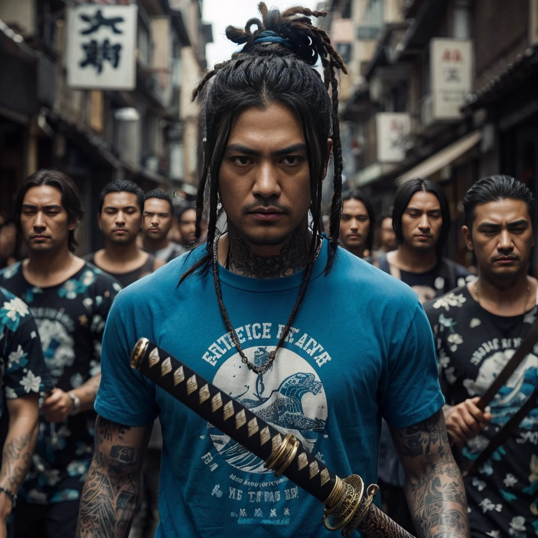 close up picture, Yakuza with tied dreadlocks, tattoo on the left side of his neck, wearing a blue beach t-shirt, holding a katana, leading dozens of his men to prepare for battle, they walk through a narrow street on the edge of the city, you can see lots of yakuza men walking through the street , the background is narrow. street on the edge of town, cinematic, realistic, very detailed