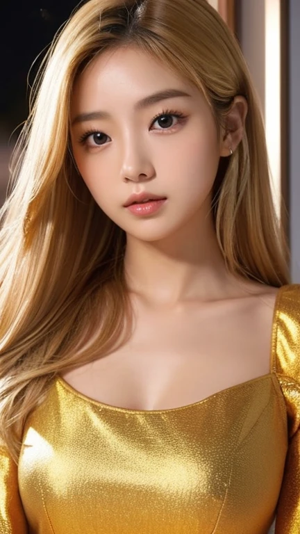 Highest quality、Japanese women、The most beautiful woman in the world、sexy、Blonde long hair hairstyle、Small face、Beautiful skin、night、Large breasts、Realistic、sexyなポーズ、sexyな表情、Golden Clothes