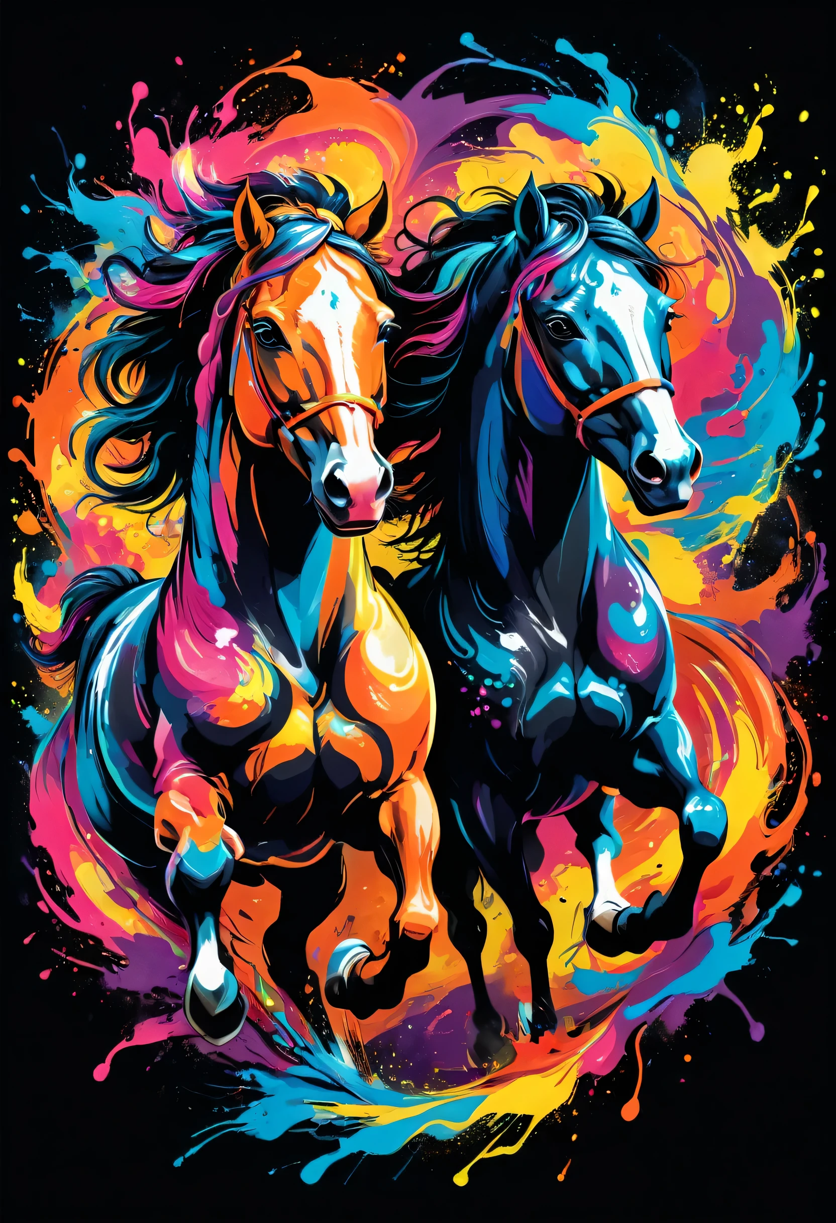 A t-shirt with a colorful illustration of two running horses, At the center, swirly vibrant colors, paint splashes and smears, high détail, black backdrop
(artwork, best quality, proffesional, perfect composition, very aesthetic, absurdrez, super verbose, Intricate details:1.3)