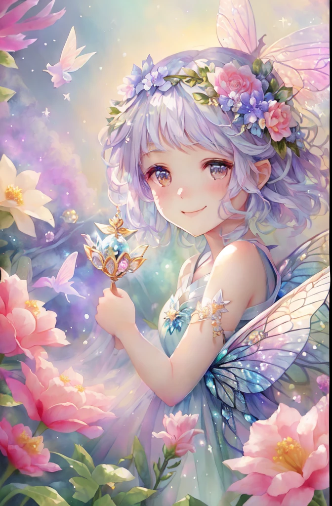 there is a girl with a flower crown holding a star, portrait of a fairy, portrait of fairy, beautiful fairy, space flower fairy, cute detailed digital art, smiling as a queen of fairies, beautiful fairies, beautiful fairie, cute digital art, fantasy art style, detailed fanart, beautiful fantasy anime, a beautiful artwork illustration, astral fairy, anime fantasy illustration