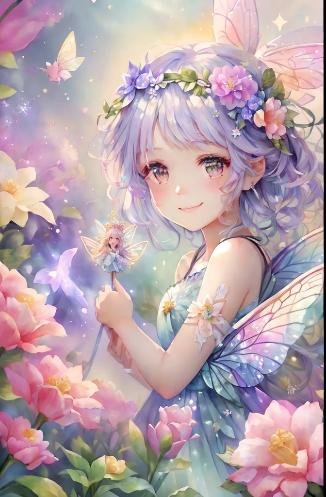 there is a girl with a flower crown holding a star, portrait of a fairy, portrait of fairy, beautiful fairy, space flower fairy, cute detailed digital art, smiling as a queen of fairies, beautiful fairies, beautiful fairie, cute digital art, fantasy art style, detailed fanart, beautiful fantasy anime, a beautiful artwork illustration, astral fairy, anime fantasy illustration