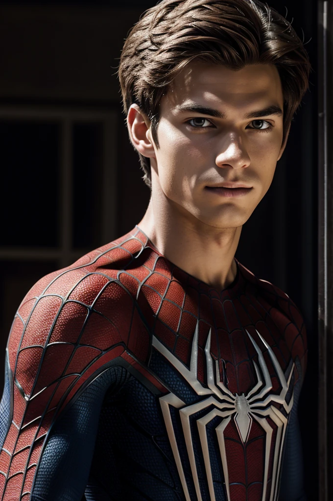A photograph of spider man, no mask, 20 yo, handsome, detailed face, looking at camera, portrait, 8k uhd, high quality