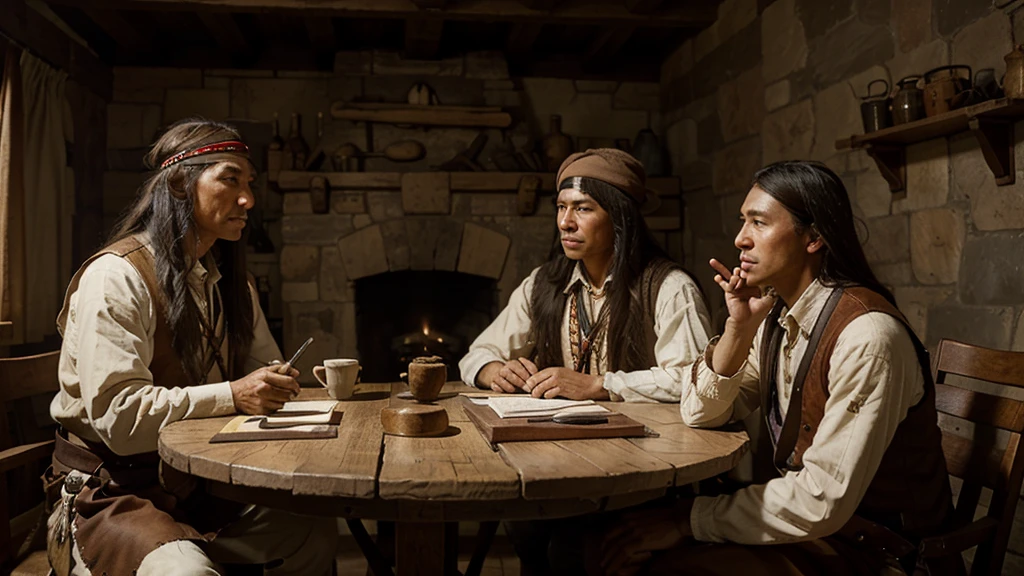 "Colonists and Native Americans negotiating, 17th century, realistic style"