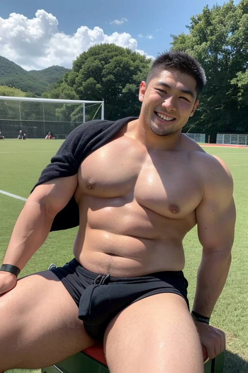 ((highest quality)), ((masterpiece)), (detailed), ((Perfect Face)), 4k, Shaved head, Young Japanese, Muscular, Fat body, Very big man, smile, ((showing off crotch)) A large Japanese man shirtless、whole body、Rugby player、Thick legs、Thick arm muscles、Intimidating、whole body、wearing a very tight black shorts、wearing a very short black shorts, (shirtless)、At the rugby field