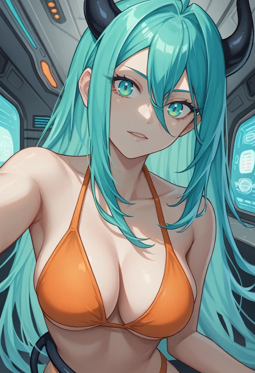 score_9, score_8_up, score_7_up,1 daemon woman, black horns, black demon tail, (aquamarine hair),aquamarine green color hair,ahoge, long hair, (long hair),bangs, light orange bikini, bikini is orange, bikini orange, orange bikini!, (aquamarine eyes), background is spaceship, aquamarine eyes, 1woman ,facing viewer, daemon girl, close up,Well-endowed, alone, Spacecraft interior, sexy pose