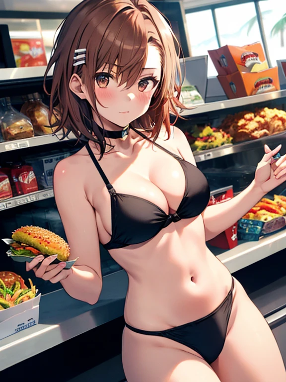 cute, Pitiful, Girl, short hair, Beach House, Swimwear, counter, Fast food clerk, Fast Food Worker, Misaka Mikoto, 1girl, black choker, uhd, retina, masterpiece, ccurate, anatomically correct, textured skin, super detail, high details, high quality, best quality, highres, 4K