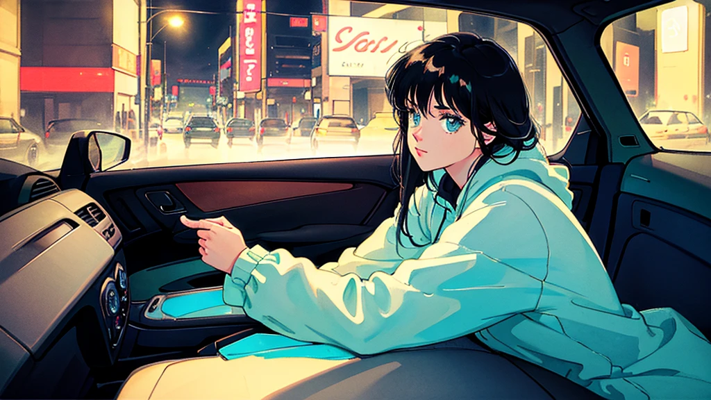 Create an image from the angle inside a car, showing a woman with a thoughtful expression on her face as she gazes out of the side window at the cityscape. The city outside should be visible, illuminated by streetlights and neon signs. Use soft, pastel colors and subtle gradients to capture a dreamy, reflective atmosphere. Ensure the interior of the car feels cozy and comfortable, adding to the overall serene vibe.