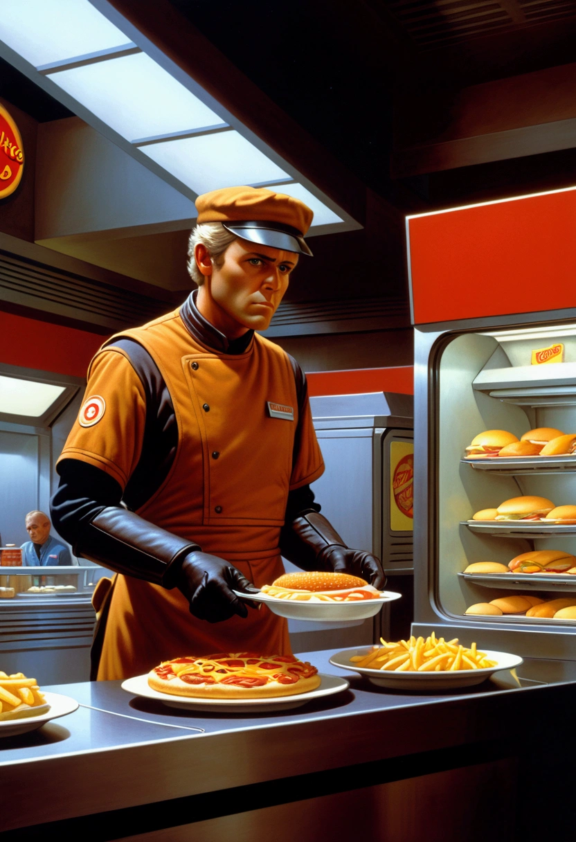 a Fast Food Worker, by Ralph McQuarrie, full body, cinematic still, cinemascope, best quality, masterpiece, very aesthetic, perfect composition, intricate details, ultra-detailed, vivid colors