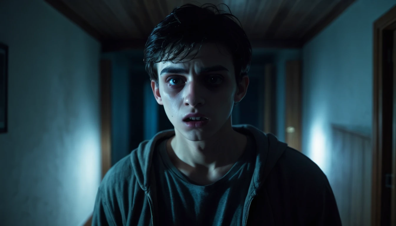 A scary horror image of a young man comes alone in the room at night, PICTURE REALISTIC, high resolution, 8K