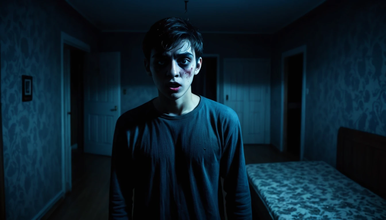 A scary horror image of a young man comes alone in the room at night, PICTURE REALISTIC, high resolution, 8K