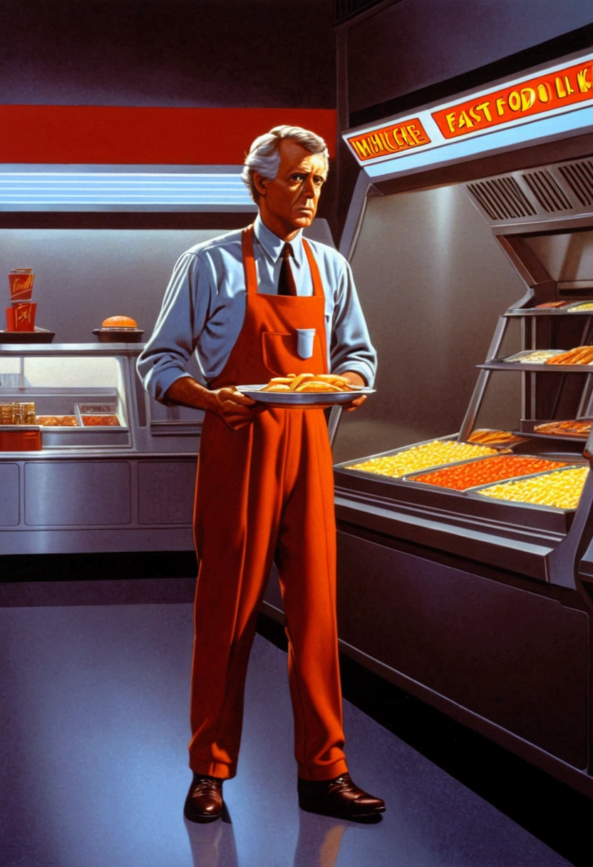 a Fast Food Worker, by Ralph McQuarrie, full body, cinematic still, cinemascope, best quality, masterpiece, very aesthetic, perfect composition, intricate details, ultra-detailed, vivid colors