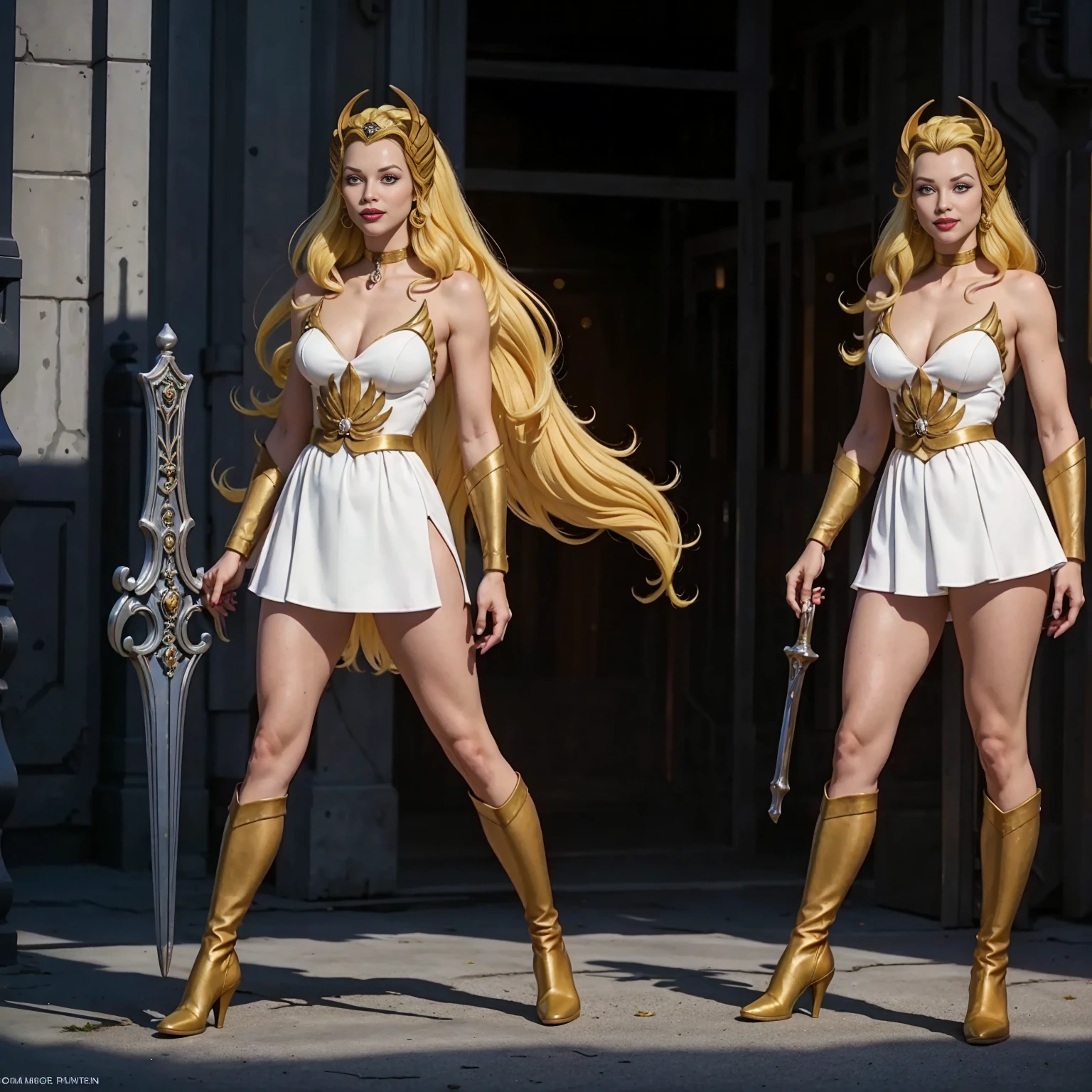 (((Full body image))) A beautiful female warrior, With long white hair and yellow eyes, Wearing white and gold DC Comics Shazam armor，There are several rays on the body