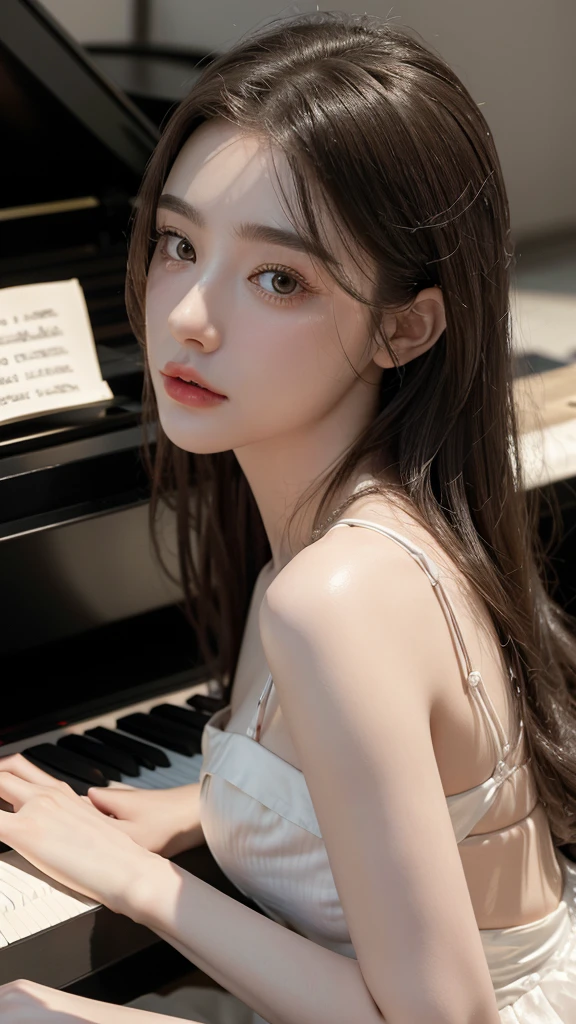 She is wearing a dress. The high-resolution image captures ultra-detailed realism and highlights Athena's seductive eyes, long eyelashes, and smooth skin. She plays the piano.