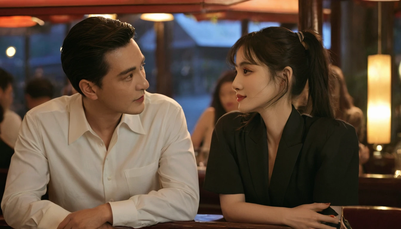 ((best quality)), ((masterpiece)), (detailed),bar,Dim lighting,A man and a woman sit opposite each other,chat