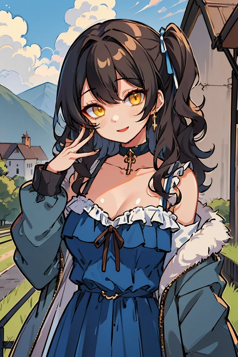 (masterpiece:1.2), (high quality:1.2), hui xiyi, rekkyo sensen, rekkyou sensen, girls with((1girl, solo, black hair, yellow eyes, (wavy medium hair, one side up:1.3), blush, breasts, black choker, cleavage, coat, bare shoulders, collar, collarbone, cowboy shot, dress, (blue clothes:1.3), ribbon belt, off-shoulder sleeves, long sleeves, off shoulder jacket, frills shirt, frills camisole, straps, (ribbon tie, rosary choker, golden rosary, cross:1.05), fur, khaki jacket, hood down, hooded coat, hooded jacket, hoodie, jacket, large breasts, long hair, long sleeves, medium breasts, open clothes, open coat,open hoodie, sleeveless, winter clothes, zipper, cleavage, upper body, hand up, waving, palm)), background with((architecture, blue sky, bush, castle, village, no humans, cloud, cloudy sky, day, field, garden, grass, hill, house, lamppost, landscape, mountain, mountainous horizon, nature, no humans, outdoors, scenery, shrine, sky))