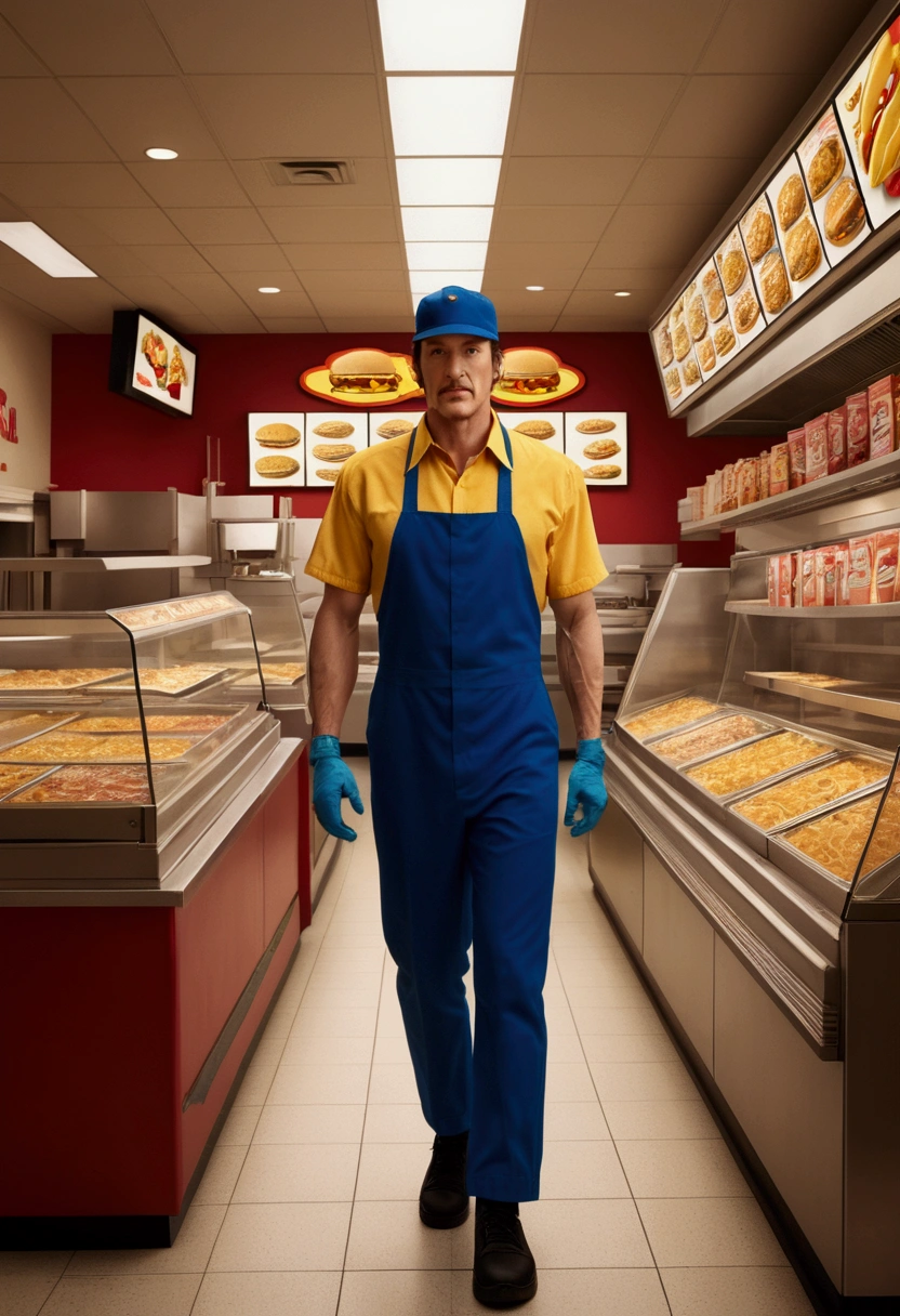 a Fast Food Worker, by Frank Miller comic style, full body, cinematic still, cinemascope, best quality, masterpiece, very aesthetic, perfect composition, intricate details, ultra-detailed, vivid colors