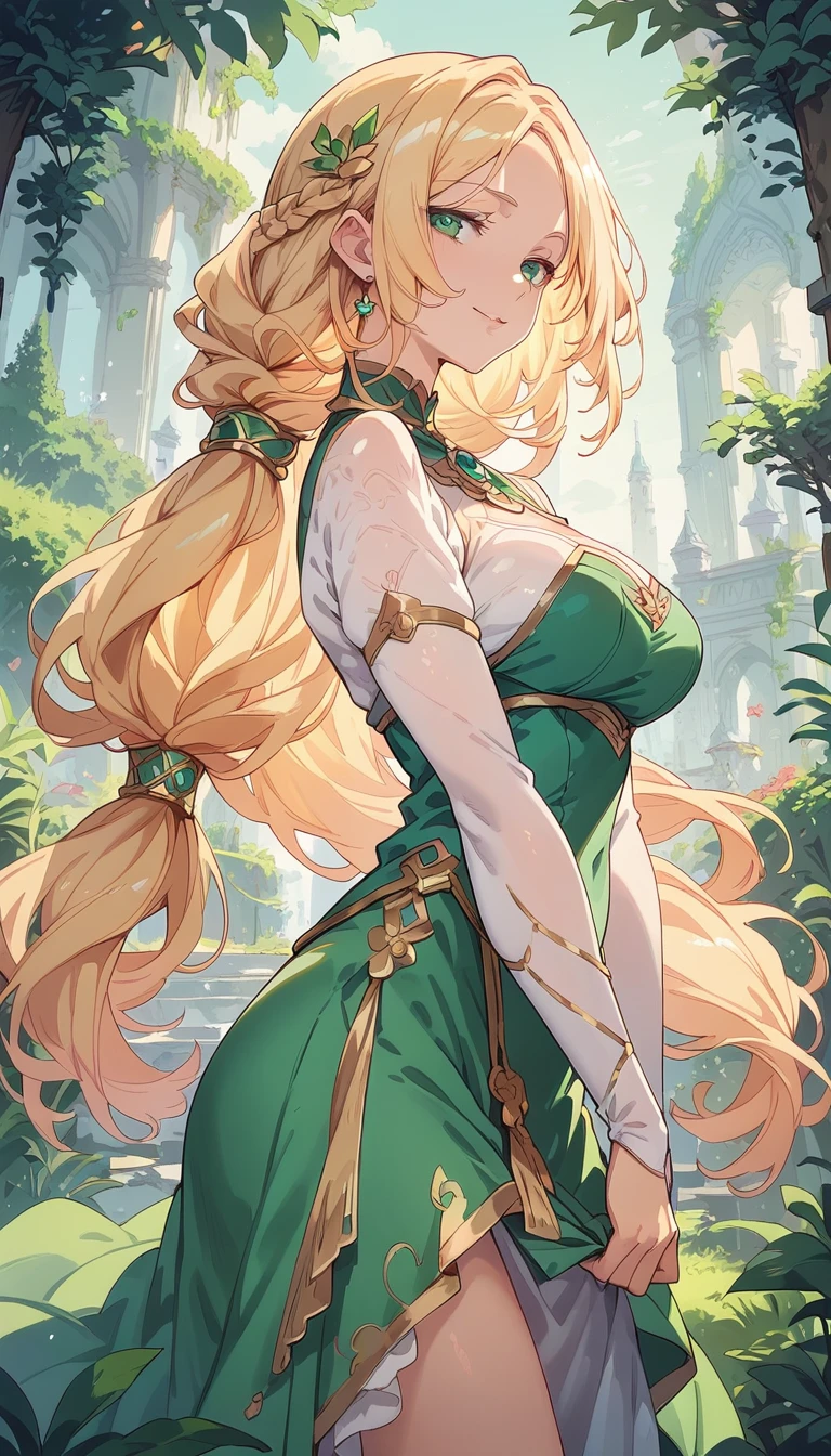 score_9, score_8_up, score_7_up,masterpiece,(bestquality),highlydetailed,ultra-detailed,1 boy, cowboy shot, solo, from side, large breast, low-tied long hair, blonde hair, green eyss, tall height, princessline dress, naughty face