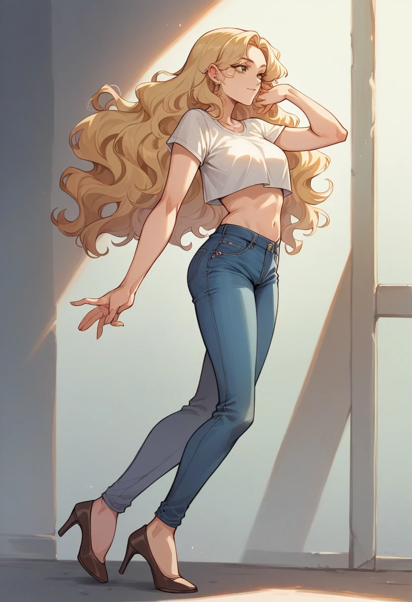 beautiful blonde woman, with brown locks of very long and wavy hair , au yeux vertd'origine espagnol , avec un joli visage doux , habiller d'un jeans et crop top, big tits with heels