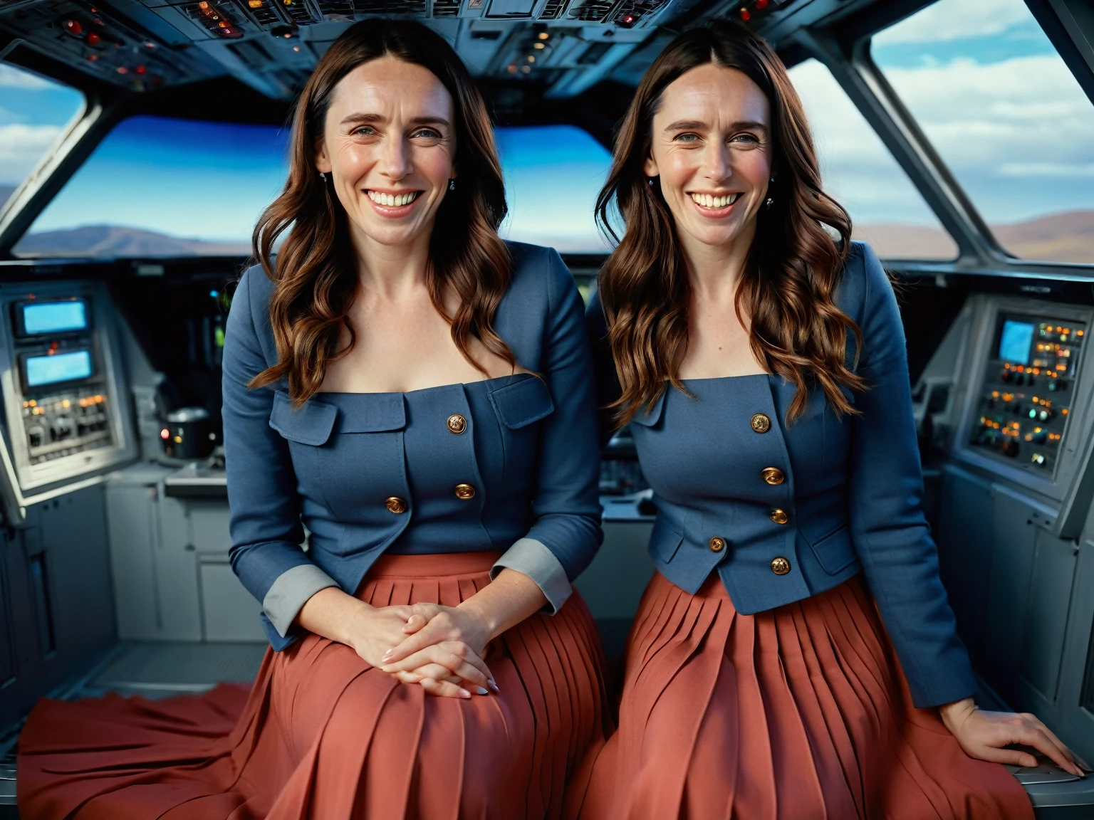 Insatiable Skirt lover and kind, shy woman Jacinda Ardern has Intense Orgasming love for her skirt, sitting and wearing (long pleated full circle skirt), uniform jacket and strapless low pump office shoes, (pronounced (feminine) features), (very windy), skirt is flowing wildly in the wind, inside a spaceship travelling through deep space, very, very intricate hyper-detailed symmetric (attractive graceful young feminine face) with (sad, tired eyes and a loving smile), very voluptuous breasts, full of empathy and compassion and love, (pronounced (feminine) features), (highly detailed ultra accurate realistic) hands and fingers, (windy), epic composition, highly detailed attributes, (35mm f1.4 Kodak portra 400 photograph), extremely high quality RAW photograph, highly detailed atmosphere, sci-fi, cinematic shot, dynamic lighting, 75mm, Technicolor, Panavision, cinemascope, sharp focus, fine details, 8k, HDR, realism, realistic, key visual, film still, superb cinematic color grading, depth of field