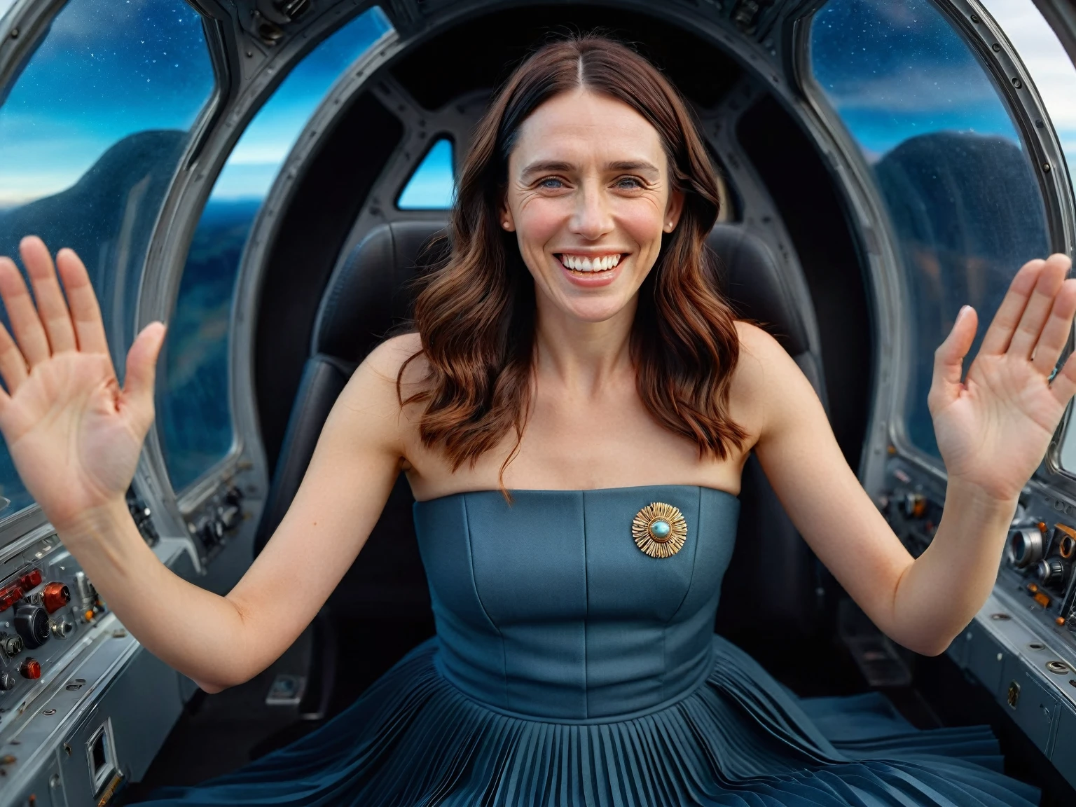 Insatiable Skirt lover and kind, shy woman Jacinda Ardern has Intense Orgasming love for her skirt, sitting and wearing (long pleated full circle skirt), uniform jacket and strapless low pump office shoes, (pronounced (feminine) features), (very windy), skirt is flowing wildly in the wind, inside a spaceship travelling through deep space, very, very intricate hyper-detailed symmetric (attractive graceful young feminine face) with (sad, tired eyes and a loving smile), very voluptuous breasts, full of empathy and compassion and love, (pronounced (feminine) features), (highly detailed ultra accurate realistic) hands and fingers, (windy), epic composition, highly detailed attributes, (35mm f1.4 Kodak portra 400 photograph), extremely high quality RAW photograph, highly detailed atmosphere, sci-fi, cinematic shot, dynamic lighting, 75mm, Technicolor, Panavision, cinemascope, sharp focus, fine details, 8k, HDR, realism, realistic, key visual, film still, superb cinematic color grading, depth of field