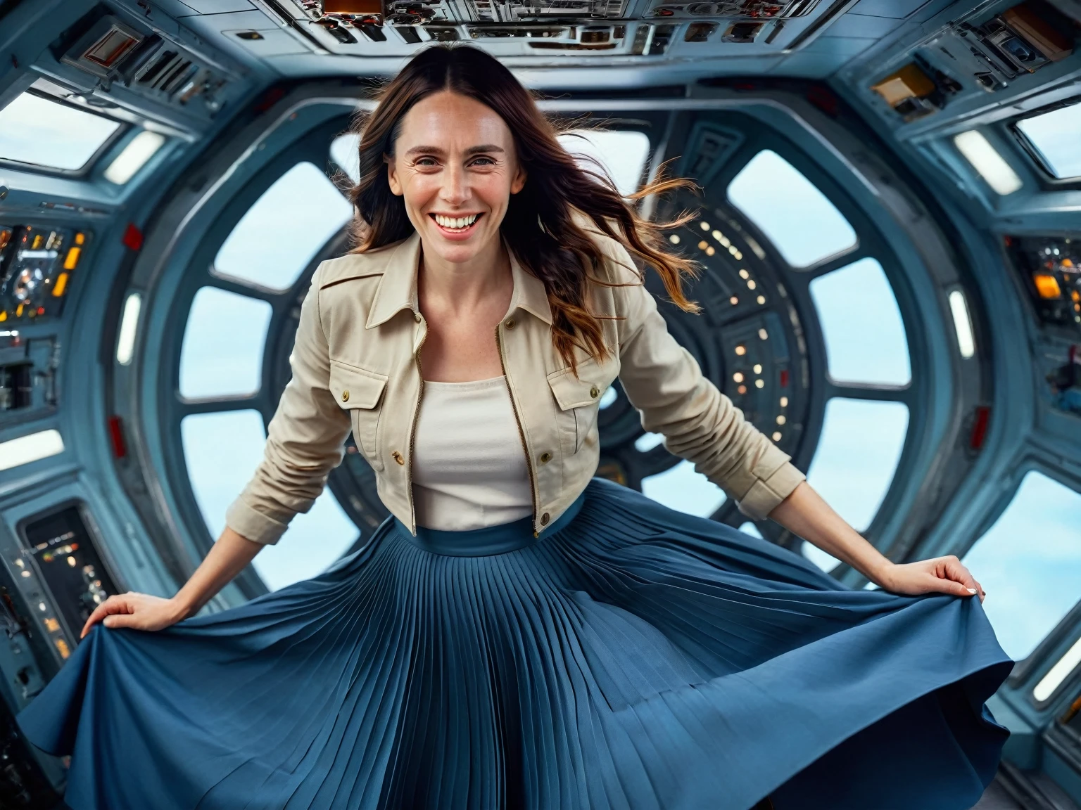 Insatiable Skirt lover and kind, shy woman Jacinda Ardern has Intense Orgasming love for her skirt, sitting and wearing (long pleated full circle skirt), uniform jacket and strapless low pump office shoes, (pronounced (feminine) features), (very windy), skirt is flowing wildly in the wind, inside a spaceship travelling through deep space, very, very intricate hyper-detailed symmetric (attractive graceful young feminine face) with (sad, tired eyes and a loving smile), very voluptuous breasts, full of empathy and compassion and love, (pronounced (feminine) features), (highly detailed ultra accurate realistic) hands and fingers, (windy), epic composition, highly detailed attributes, (35mm f1.4 Kodak portra 400 photograph), extremely high quality RAW photograph, highly detailed atmosphere, sci-fi, cinematic shot, dynamic lighting, 75mm, Technicolor, Panavision, cinemascope, sharp focus, fine details, 8k, HDR, realism, realistic, key visual, film still, superb cinematic color grading, depth of field