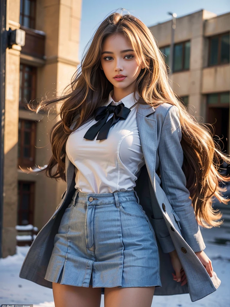 (A photo of a pair of super beautiful white-blonde Russian female students standing:1.2)(Sexiest Arab Women)(Smiling:1.2)(16K, RAW Photos, Highest quality, masterpiece: 1.2),(Her shiny, wavy long hair is blown wildly by the wind:1.1) Super detailed, Super Resolution, (Genuine, Genuine photos: 1.37), Portraiture, High-resolution RAW color photos, Professional photos, Very detailed, 8k wallpaper, Very detailed CG Unity 8k wallpaper, Very detailed beautiful girl, Very detailed faces,(Blizzard in Tel Aviv:1.2)(Tight school uniform:1.2)(whole body)(Skinny but big boobs:1.1)(かわいいタイトな半袖 style outfit:1.2)School uniform style outfit,light gray eyes,from side,Winter coats for students