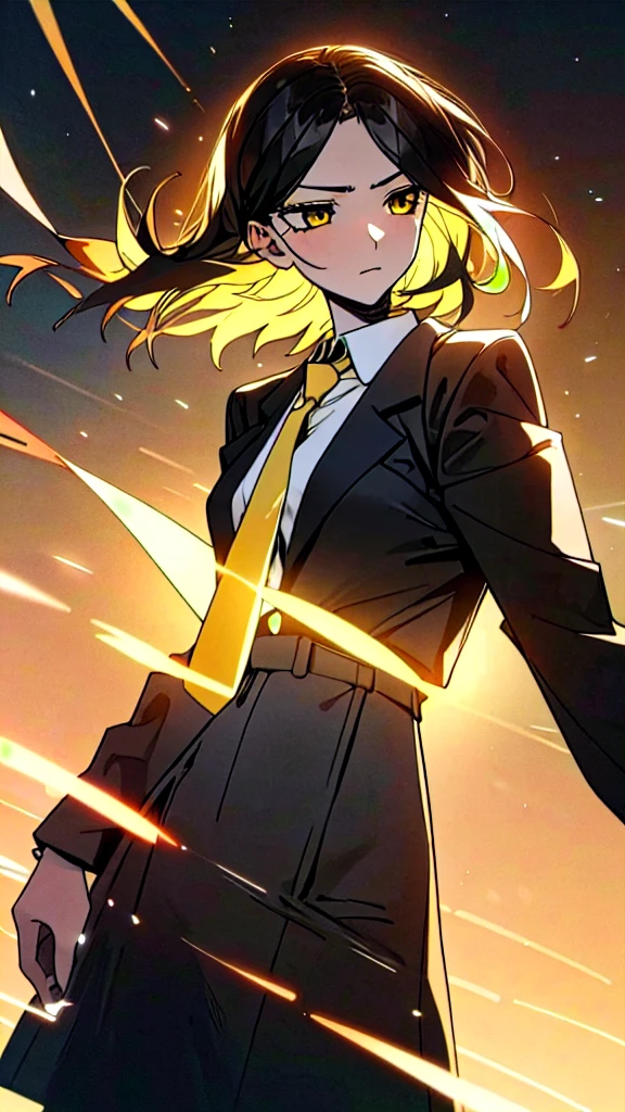 1girl, intricate detail, masterpiece, best quality, extremly detailed,cinematic lighting, beautiful detailed glow, finely detailed beautiful face and eyes, 8k, dark intense shadows, yellow eyes, medium hair, black hair, bangs, floating hair, black jacket, open jacket, white shirt, expressionless, yellow necktie, black skirt, spotlight, sunshine, sunrise, gradient sky, city, lens flare, cowboy shot, [[curvy]], [mature female]